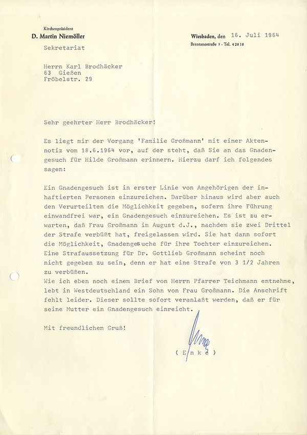 Brief des Sekretariats von Dr. Martin Niemöller an Karl Brodhäcker | Wiesbaden 1964