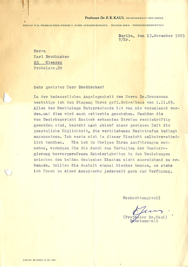 Brief von Prof. Dr. Friedrich Karl Kaul an Karl Brodhäcker | Ost-Berlin 1963