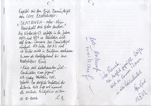 Auszüge aus dem Manuskript „Sensationen – kein Haushalt wie jeder andere“ von Lore Brodhäcker | 1980er Jahre