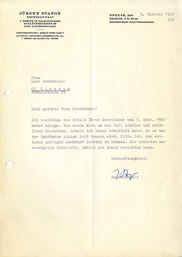 Brief von Jürgen Stange an Lore Brodhäcker | West-Berlin 1967