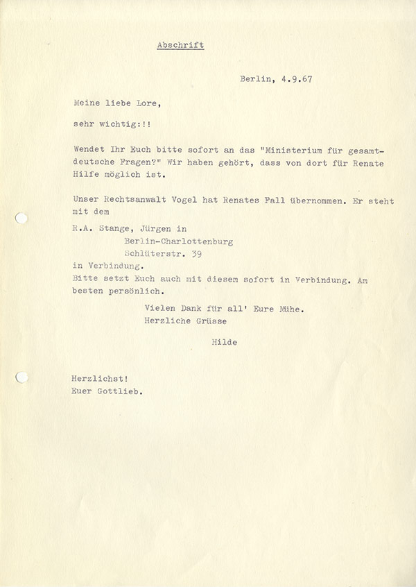 Brief von Lore Brodhäcker an Jürgen Stange (Abschrift) | Gießen 1967