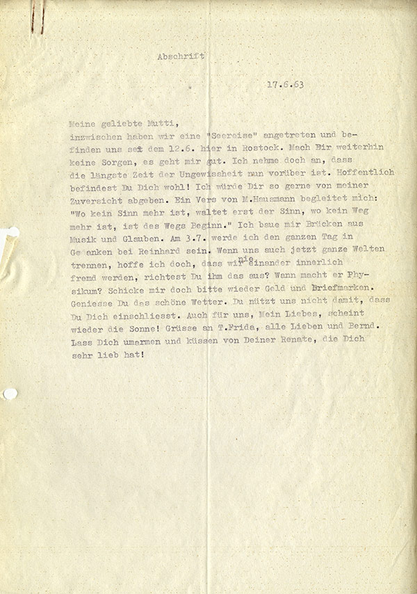 Brief  von Renate an Hilde Großmann (Abschrift)