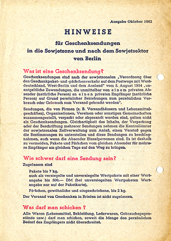 Broschüre mit Hinweisen für Geschenksendungen des Büros für gesamtdeutsche Hilfe