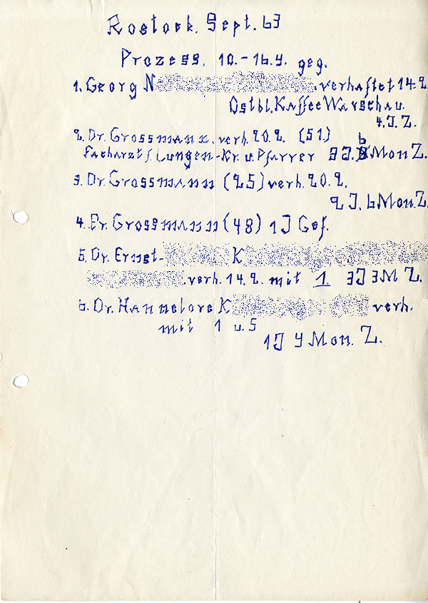 Anonyme Mitteilung zur Verurteilung von Dr. Renate Großmann u. a. | Rostock 1963