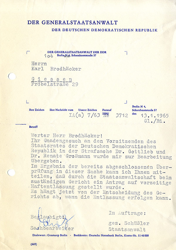 Brief des Generalstaatsanwaltes der DDR an Karl Brodhäcker | Ost-Berlin 1965